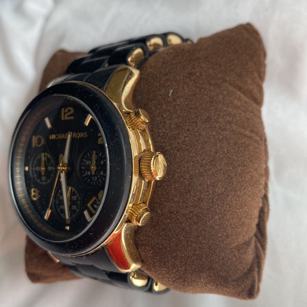 Michael Kors Womens Runway Quartz Chronograph Gold/Black Silicone Watch 38mm - Picture 3 of 5